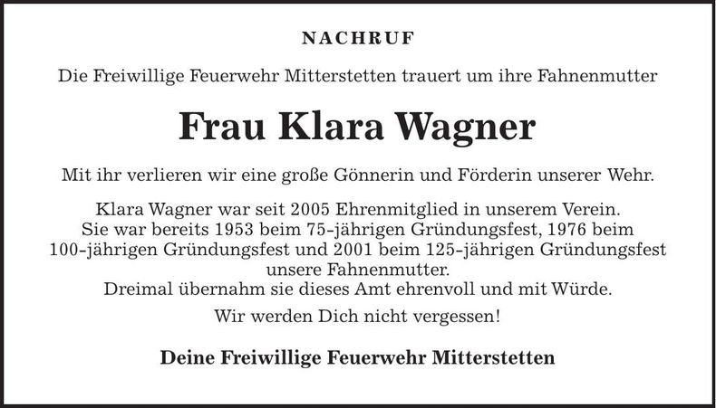 Traueranzeige Klara Wagner