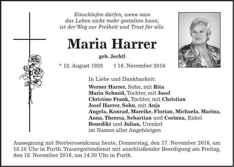 Traueranzeige Maria Harrer