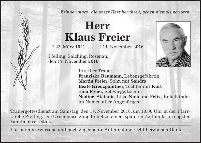 Traueranzeige Klaus Freier