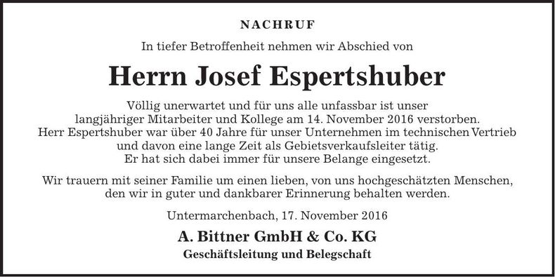 Traueranzeige Josef Espertshuber