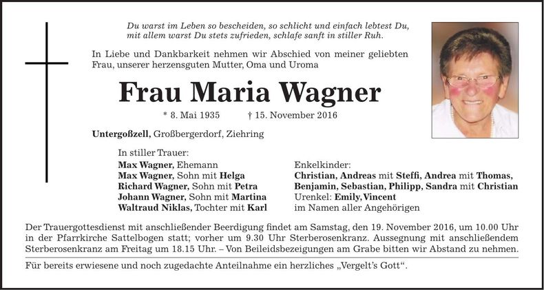 Traueranzeige Maria Wagner
