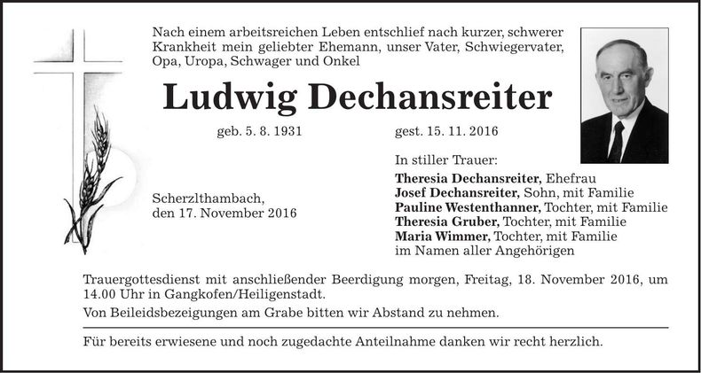 Traueranzeige Ludwig Dechansreiter