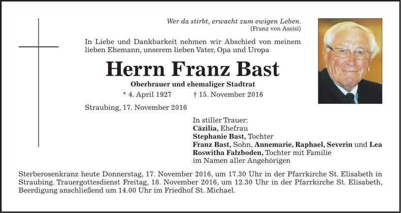 Traueranzeige Franz Bast