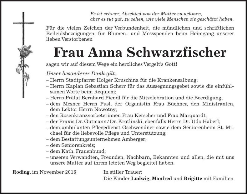 Traueranzeige Anna Schwarzfischer
