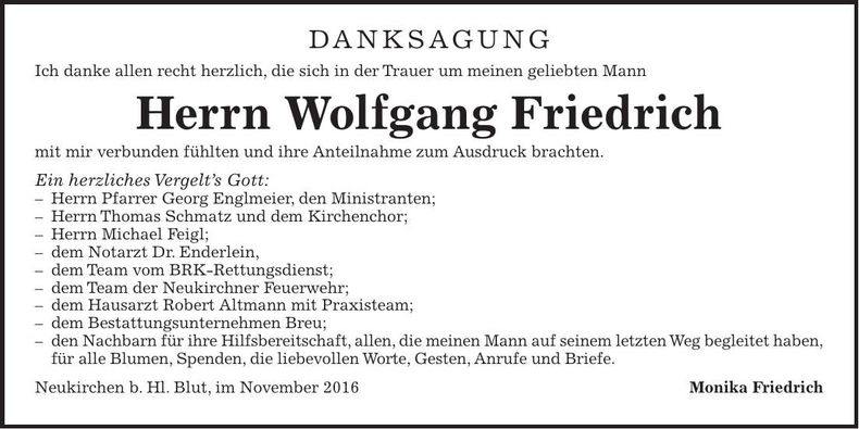 Traueranzeige Wolfgang Friedrich