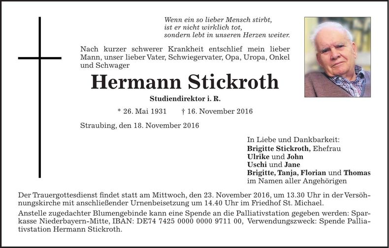 Traueranzeige Hermann Stickroth
