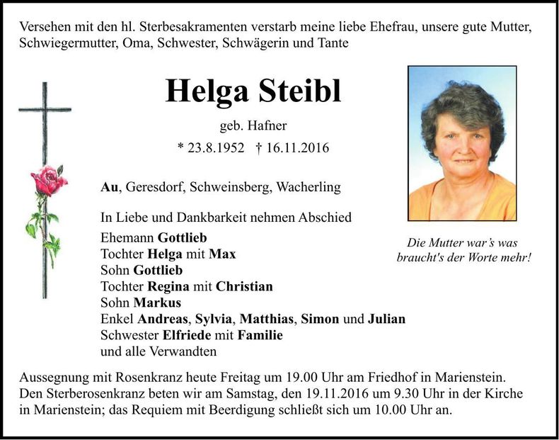 Traueranzeige Helga Steibl