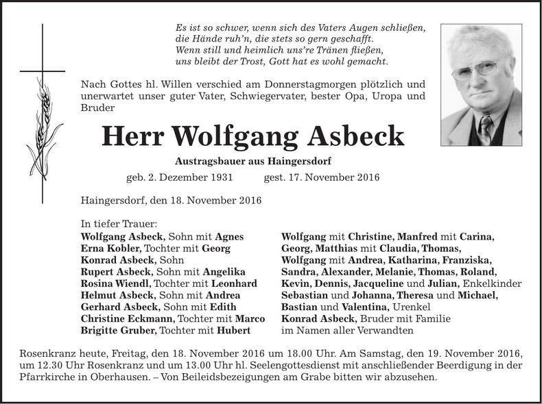 Traueranzeige Wolfgang Asbeck