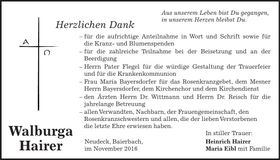 Traueranzeige Walburga Hairer