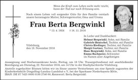 Traueranzeige Berta Bergwinkl