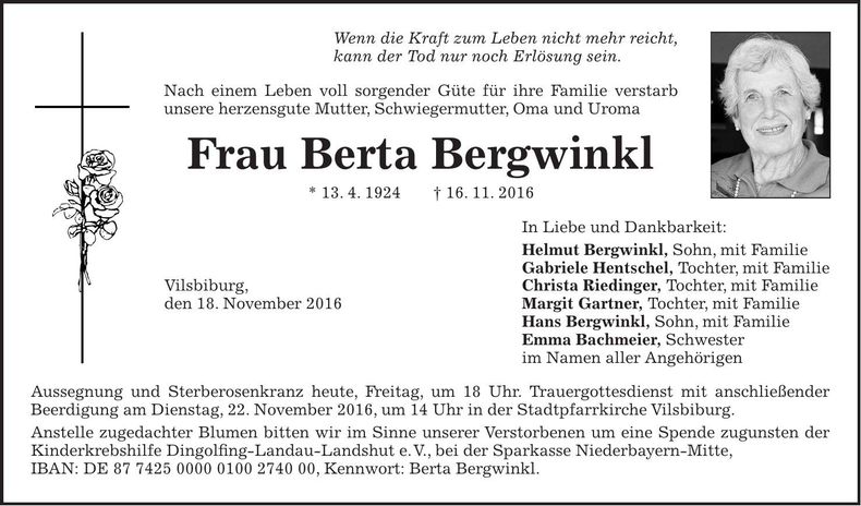 Traueranzeige Berta Bergwinkl