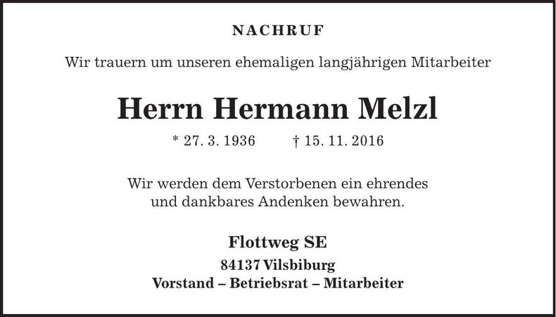 Traueranzeige Hermann Melzl