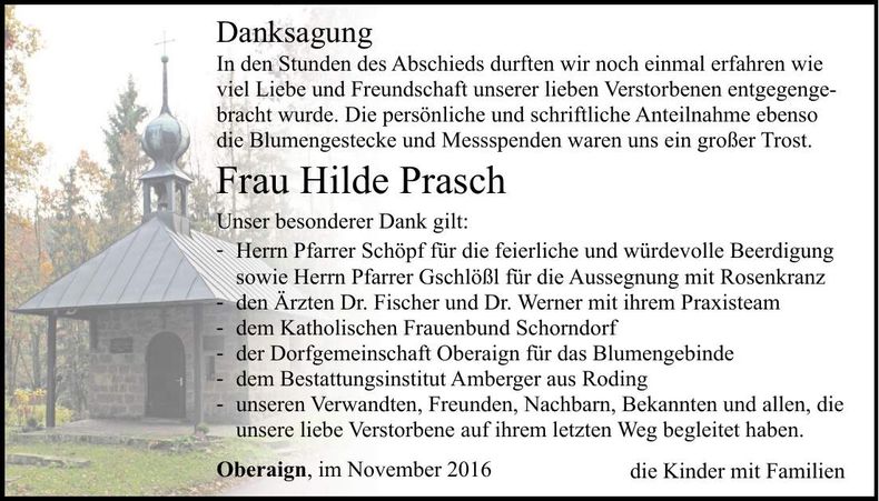 Traueranzeige Hilde Prasch