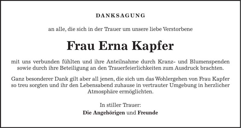 Traueranzeige Erna Kapfer