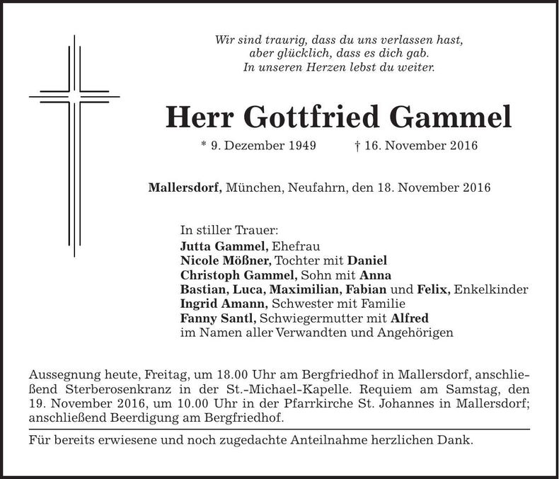 Traueranzeige Gottfried Gammel