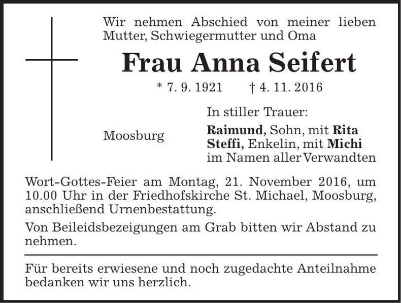 Traueranzeige Anna Seifert