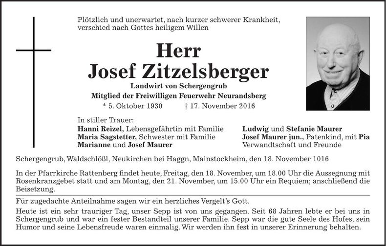Traueranzeige Josef Zitzelsberger