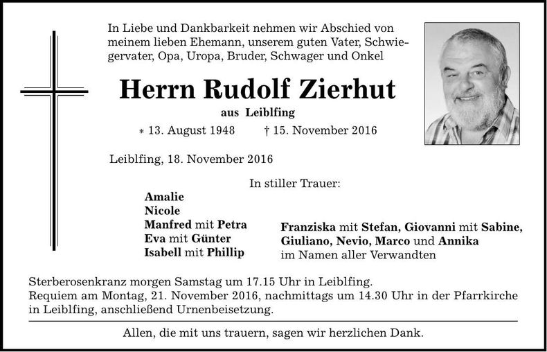 Traueranzeige Rudolf Zierhut