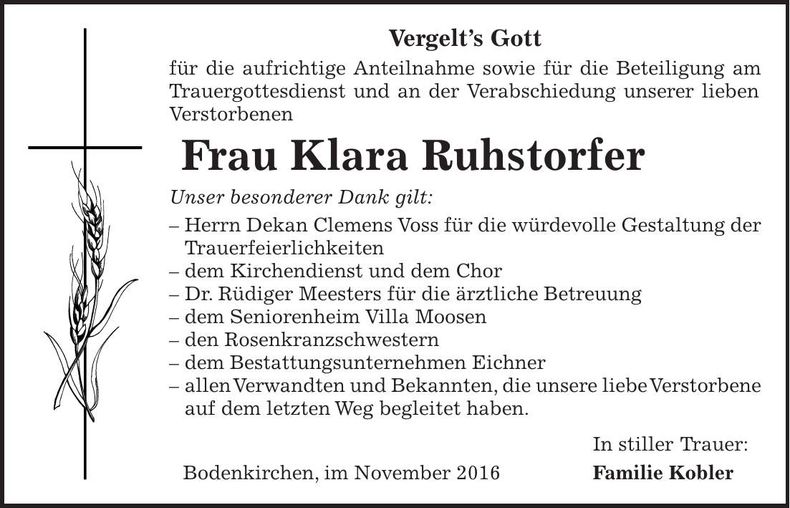 Traueranzeige Klara Ruhstorfer