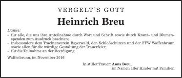Traueranzeige Heinrich Breu