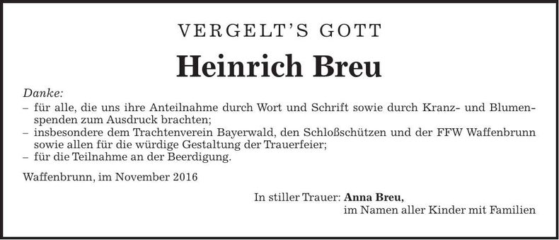 Traueranzeige Heinrich Breu