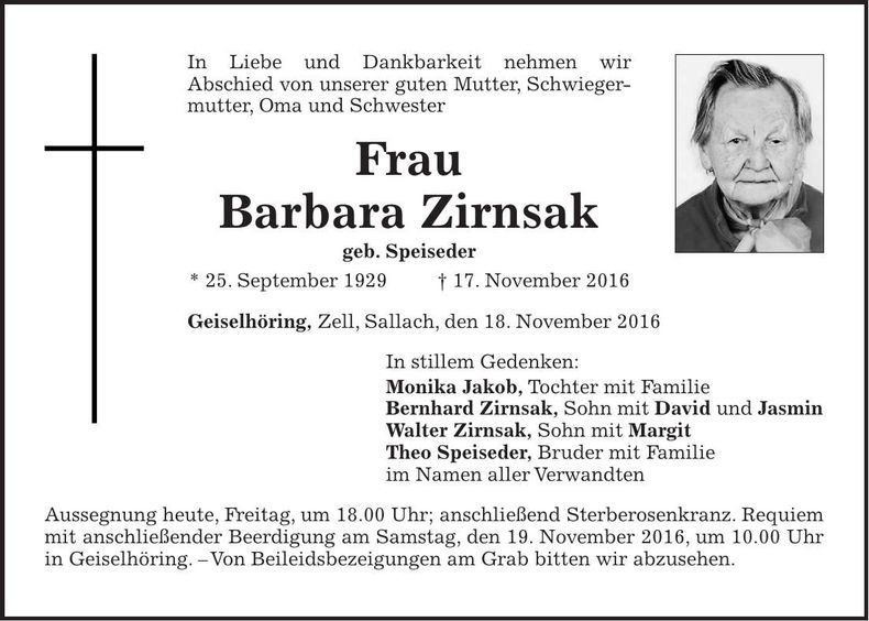 Traueranzeige Barbara Zirnsak