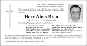 Traueranzeige Alois Breu