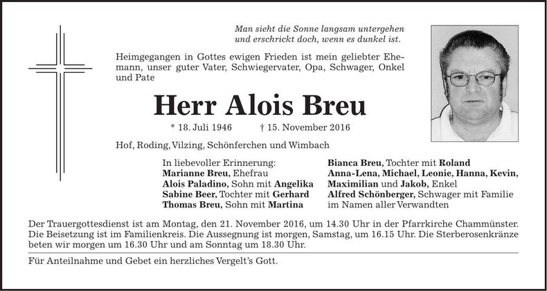 Traueranzeige Alois Breu