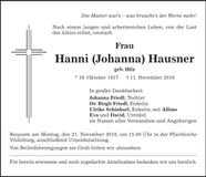 Traueranzeige Johanna Hausner