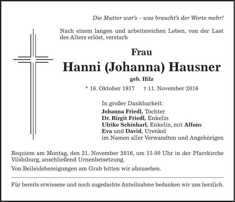 Traueranzeige Johanna Hausner