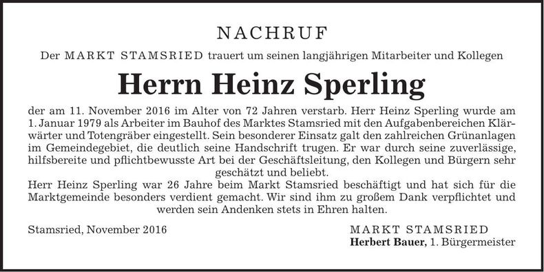 Traueranzeige Heinz Sperling