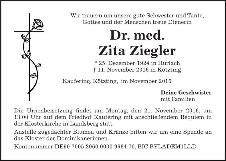 Traueranzeige Zita Dr. med. Ziegler