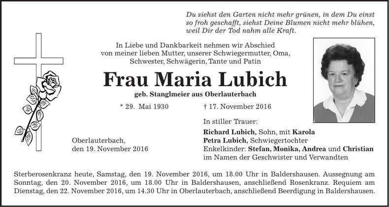 Traueranzeige Maria Lubich