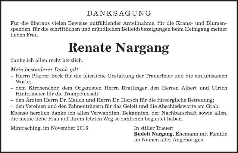 Traueranzeige Renate Nargang