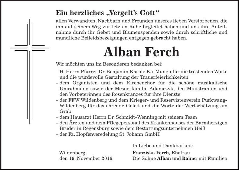 Traueranzeige Alban Ferch