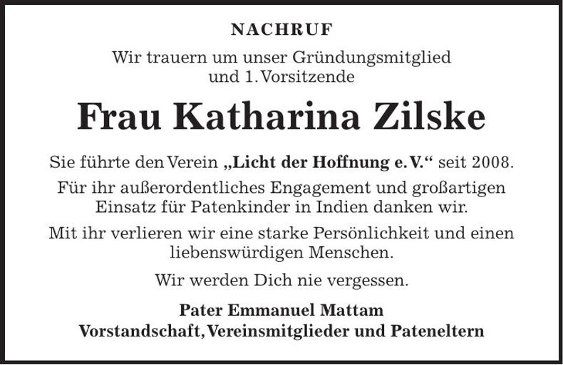 Traueranzeige Katharina Zilske