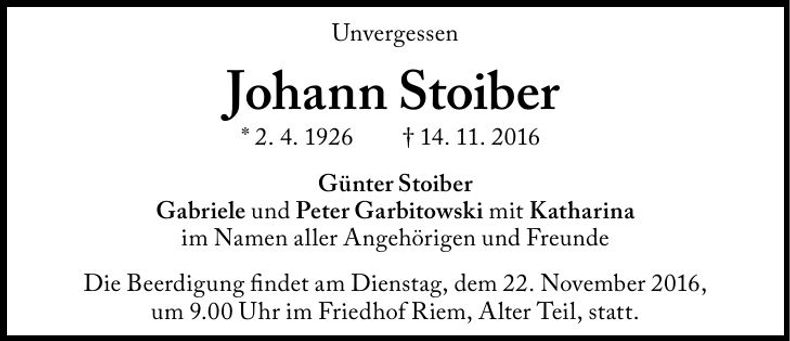 Traueranzeige Johann Stoiber