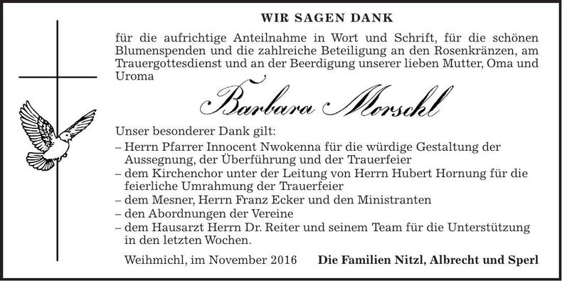 Traueranzeige Barbara Morschl