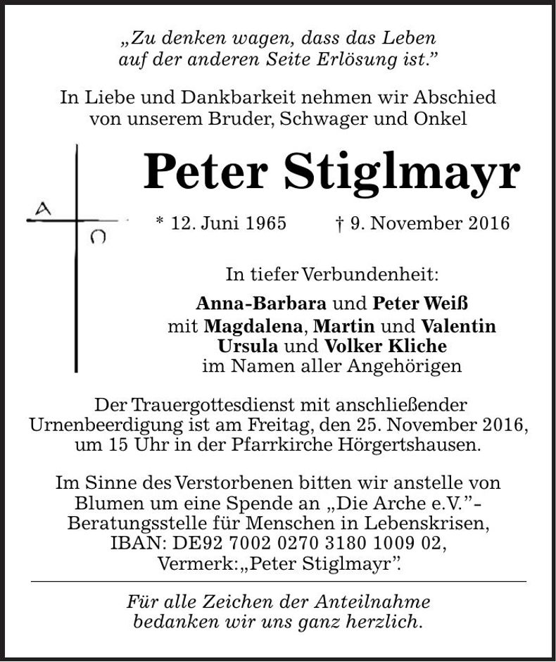Traueranzeige Peter Stiglmayr