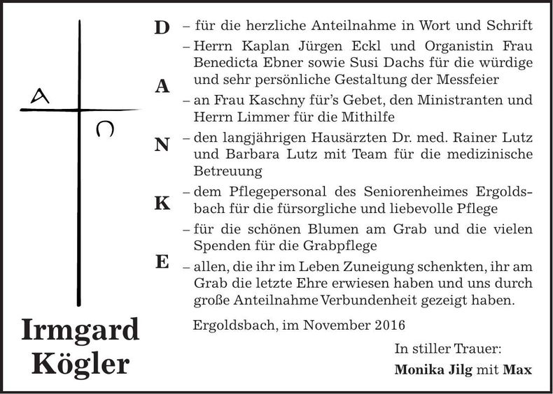 Traueranzeige Irmgard Kögler