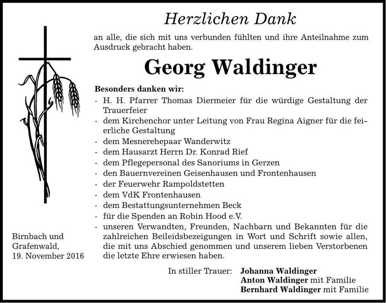Traueranzeige Georg Waldinger