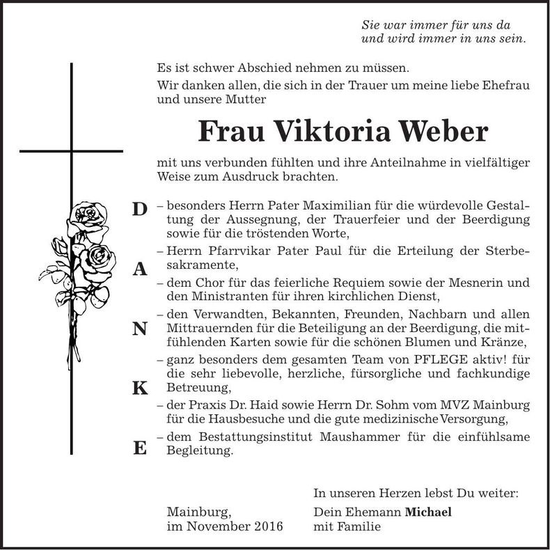 Traueranzeige Viktoria Weber
