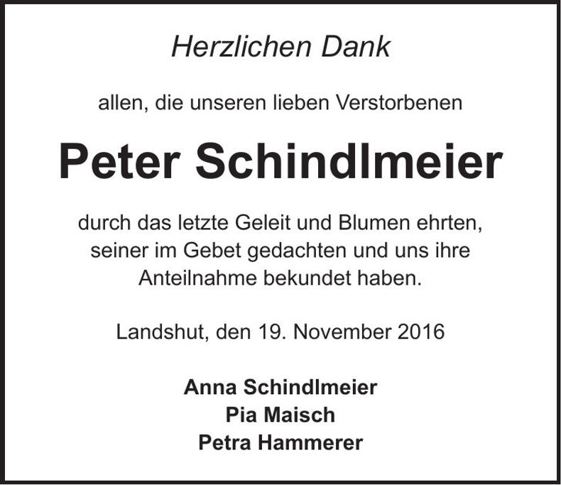 Traueranzeige Peter Schindlmeier