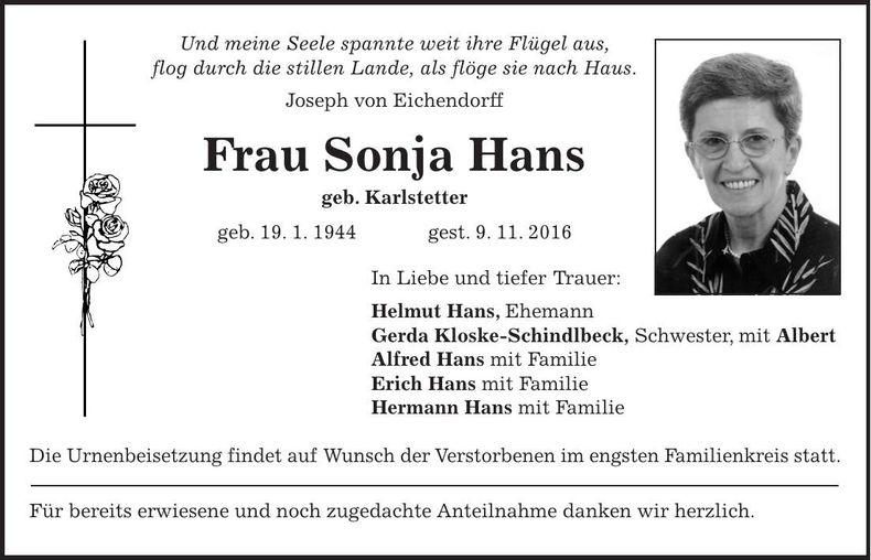 Traueranzeige Sonja Hans