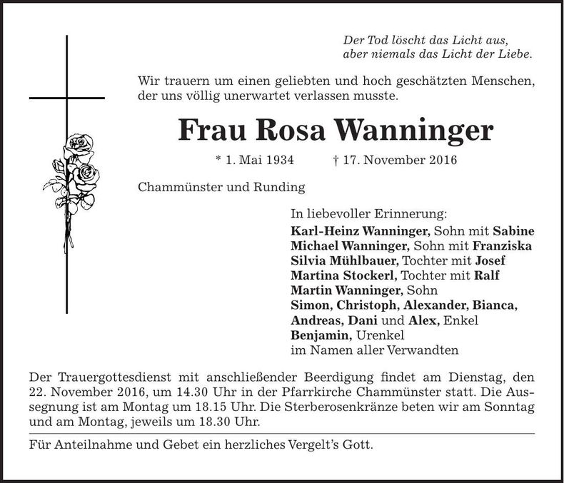 Traueranzeige Rosa Wanninger