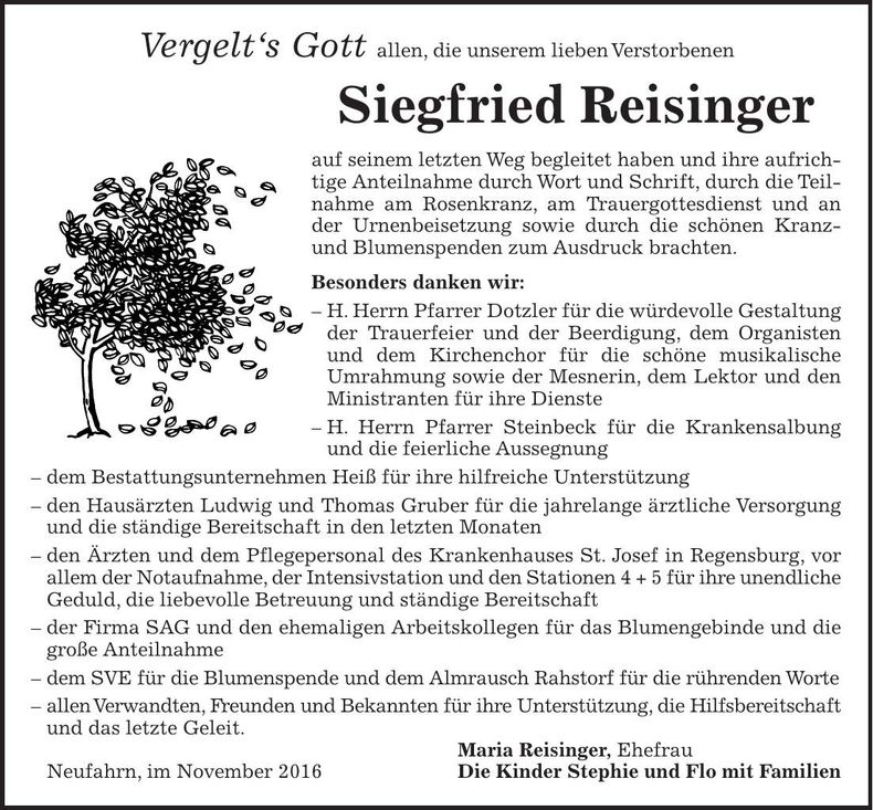 Traueranzeige Siegfried Reisinger