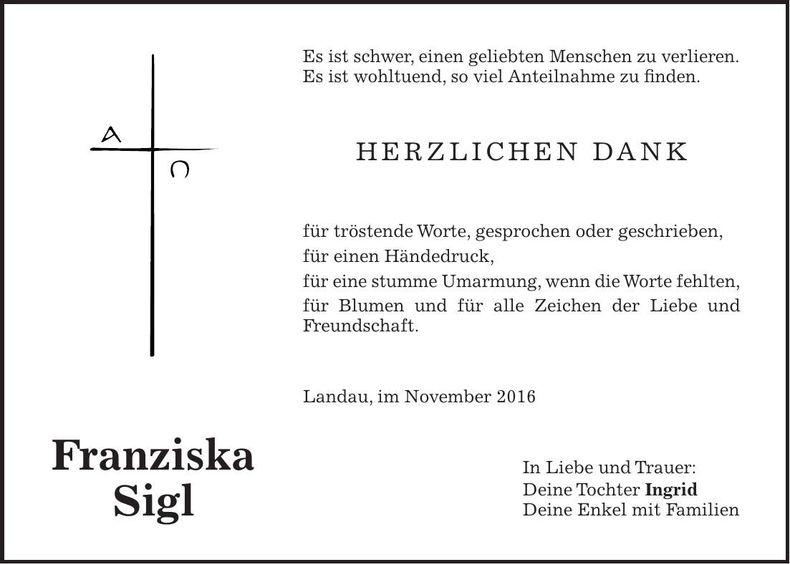 Traueranzeige Franziska Sigl