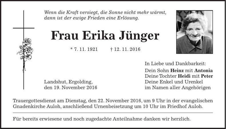 Traueranzeige Erika Jünger