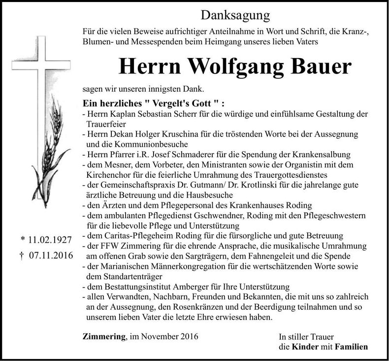 Traueranzeige Wolfgang Bauer