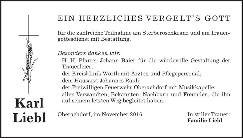 Traueranzeige Karl Liebl